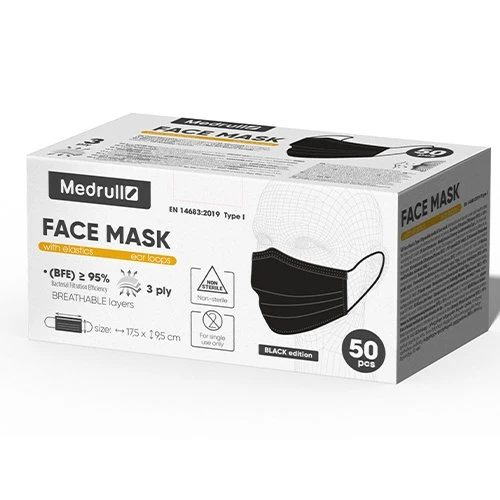 Medrull medicininės kaukės 3-sluoksniai (su gumytėm) juoda sp., 50 vnt