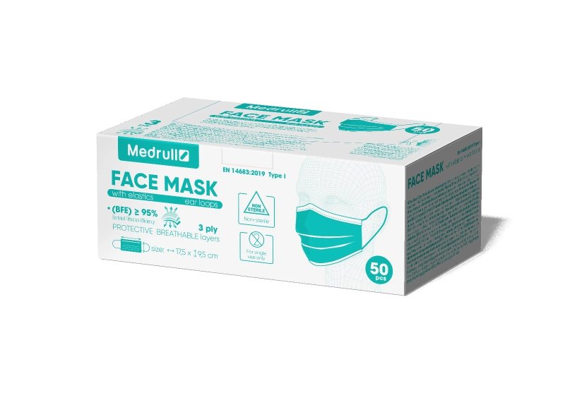 MEDRULL medicininės kaukės su gumyte 3sl. (žalia), 50 vnt