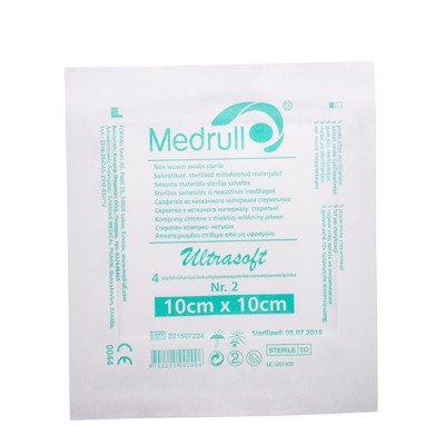 MEDRULL, neaustinės medžiagos sterilios servetėlės, 4 sluoksnių, 2 vnt., 10 x 10 cm