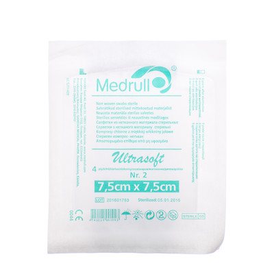 MEDRULL, neaustinės medžiagos sterilios servetėlės, 4 sluoksnių, 2 vnt., 7.5 x 7.5 cm