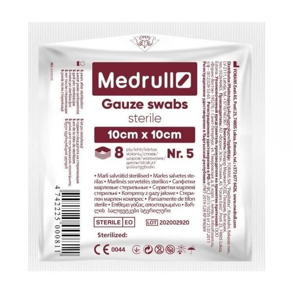 MEDRULL sterilios marlinės servetėlės PREMIUM, 8 sluoksnių, x 10 cm, 5 vnt., 10 cm