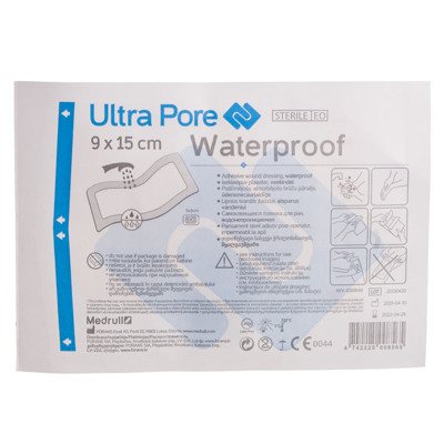 MEDRULL ULTRA PORE ADHESIVE PU DRESSING STERILE, atsparus vandeniui, 9 x 15 cm