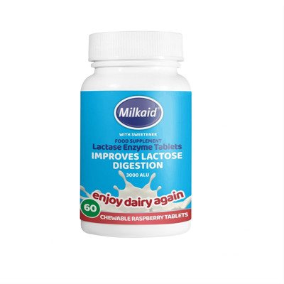 MILKAID® kramtomos laktazės fermento tabletės aviečių skonio su saldikliu, N60