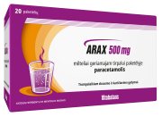 Milteliai geriamajam tirpalui paketėlyje nuo karščiavimo ir skausmo ARAX 500 mg, 20 vnt