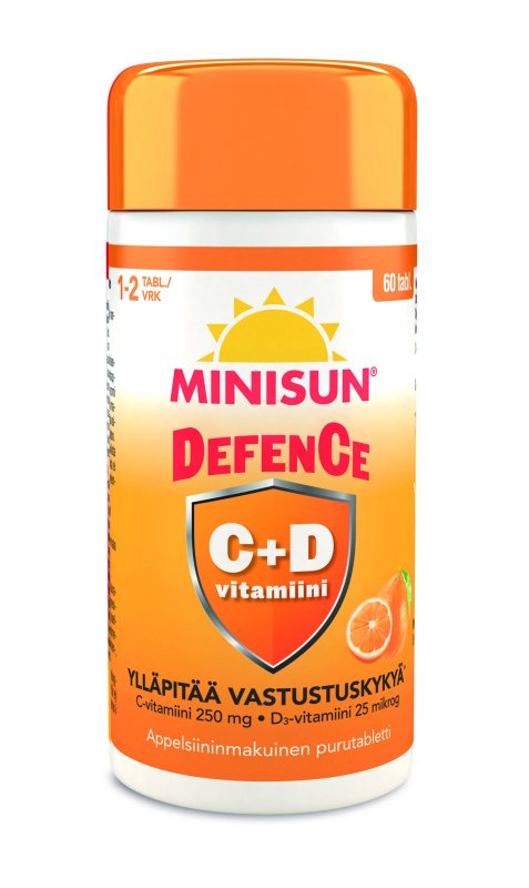 MINISUN Defence maisto papildas su saldikliais, vitaminais C ir D3, apelsinų skonio, N60
