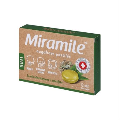 MIRAMILE augalinės pastilės su islandine kerpena ir eukaliptu, 3IN1, 12 pastilių