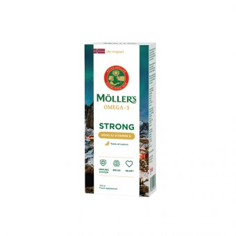 MÖLLER'S STRONG VITAMIN D žuvų taukai, citrinų skonio, 250 ml