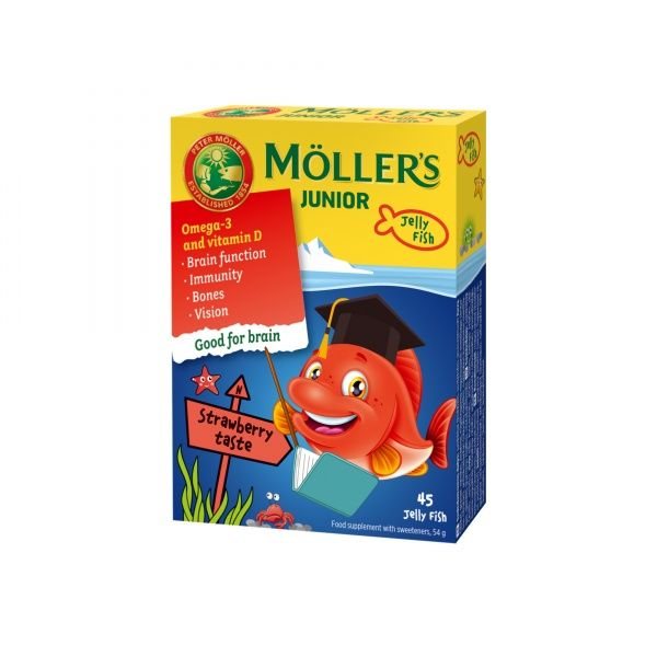 MOLLERS maisto papildas JUNIOR OMEGA-3, braškių skonio, 45 kramtomosios žuvelės