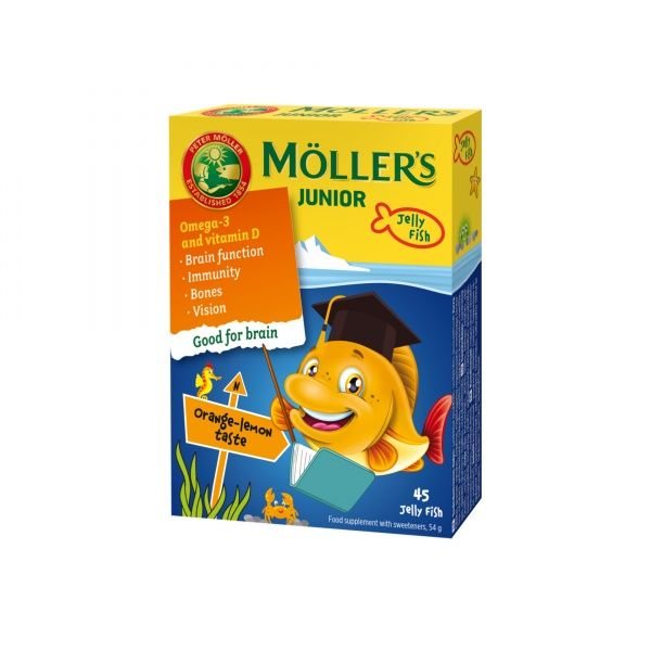 MOLLERS maisto papildas JUNIOR OMEGA-3, citrinų-apelsinų skonio, 45 kramtomosios žuvelės