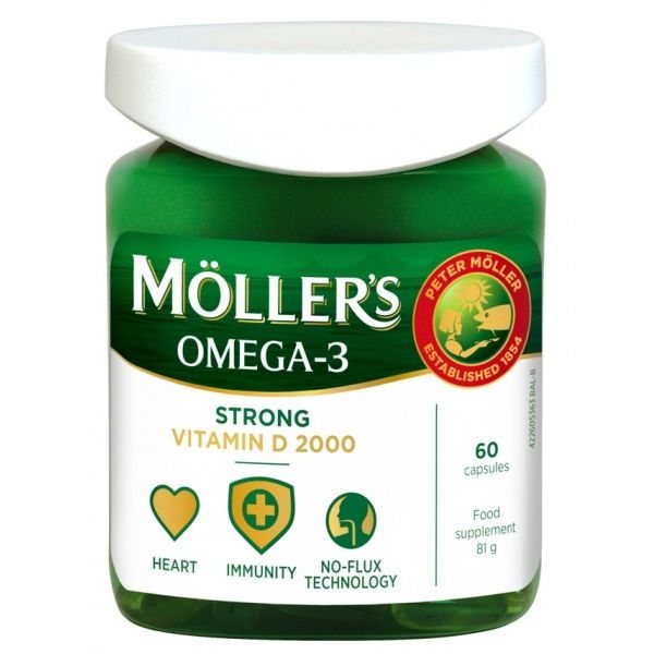 MOLLERS maisto papildas OMEGA-3 STRONG VITAMIN D3 2000 TV, 60 kaps.