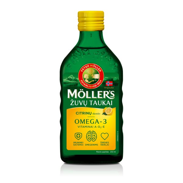 MOLLERS maisto papildas žuvų taukai OMEGA-3, citrinų skonio, 250 ml
