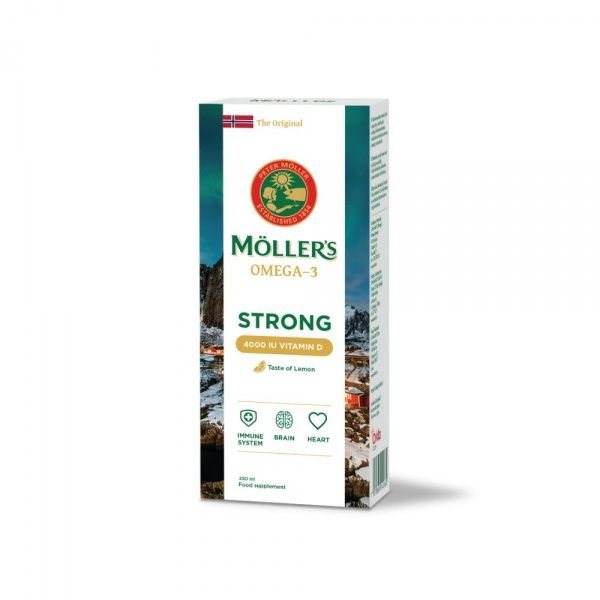 MOLLERS maisto papildas žuvų taukai OMEGA-3 STRONG VITAMIN D 4000 TV, 250 ml