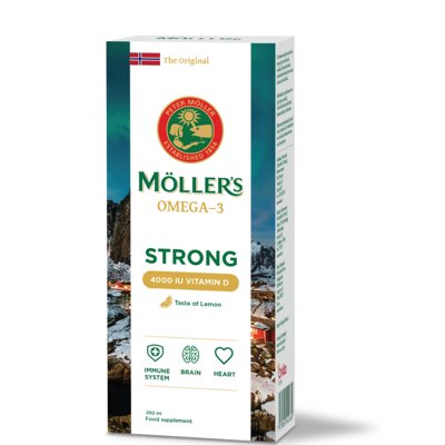 MOLLER’S STRONG VITAMIN D, žuvų taukai, citrinų skonio, 250 ml