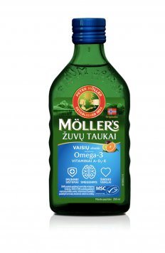 MOLLER'S žuvų taukai vaisių skonio skystis, 250 ml