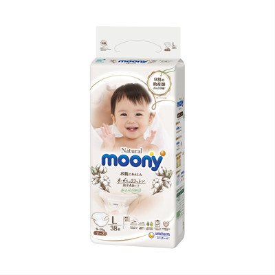 MOONY NATURAL, sauskelnės, L, 9-, 38 vnt., 14 kg