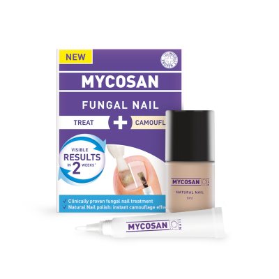 MYCOSAN gydomasis rinkinys nuo nagų grybelio TREAT+CAMOUFLAGE, serumo + dildės nagams 10 vnt. + nagų lakas 8 ml, 5 ml