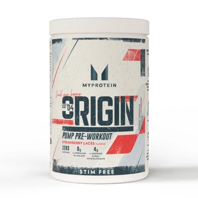 Myprotein Origin Pre Workout, stimuliantas be kofeino, Braškių skonio, 600 g