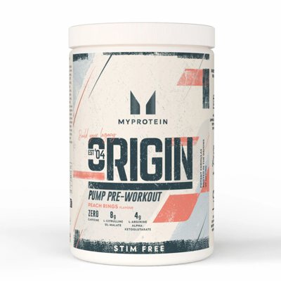 Myprotein Origin Pre Workout, stimuliantas be kofeino, Persikų skonio, 600 g