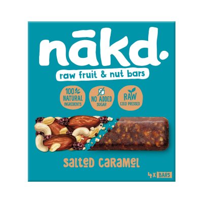 NAKD Karamelės skonio vaisių ir riešutų batonėlis su jūros druska, 4 x 35 g