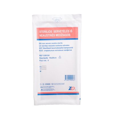 Neaustinės medžiagos sterilios servetėlės, 4 sluoksnių, 5 vnt., 10 x 20 cm