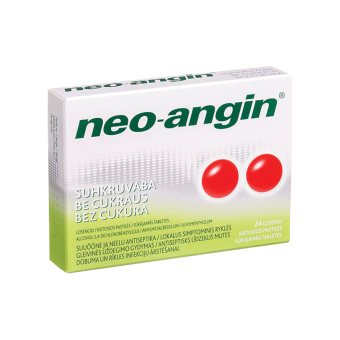 NEO-ANGIN be cukraus, 1,2mg+0,6mg+5,72mg, kietosios pastilės, N24