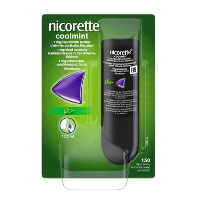 NICORETTE COOLMINT, 1 mg/išpurškime, burnos gleivinės purškalas, 150 dozių, 13.2 ml