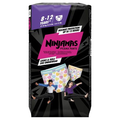 NINJAMAS, naktinės sauskelnės-kelnaitės, rožinės, 8-., 27-43 kg, 9 vienetai, 12 m