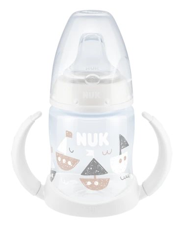 NUK buteliukas FIRST CHOISE mokom., su silik. gėrimo galvute ir temp. indik. (6-18mėn.), su silik. gėrimo galvute ir temp. indik. (6-18mėn.), 150 ml
