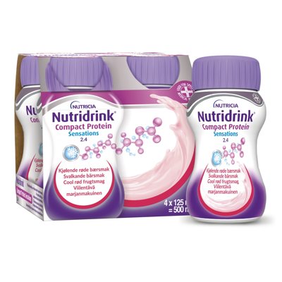 NUTRICIA NUTRIDRINK COMPACT PROTEIN SENSATIONS, vėsinančių raudonųjų vaisių skonio, 4 x 125 ml