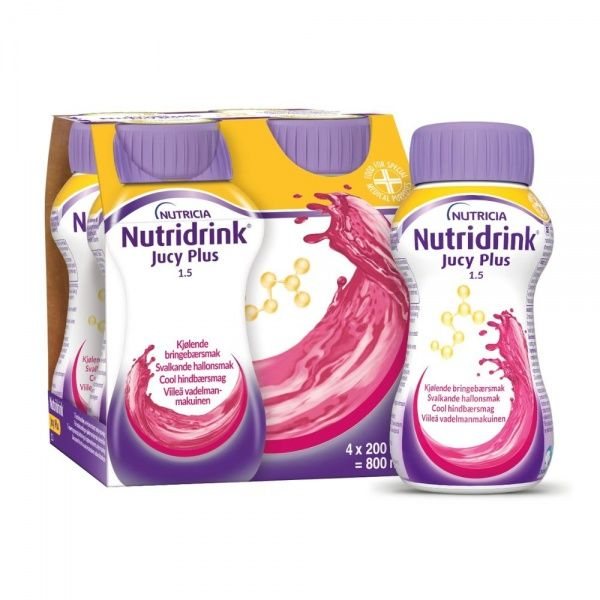NUTRIDRINK gėrimas JUCY PLUS, aviečių skonio, x 200 ml, 4 vnt