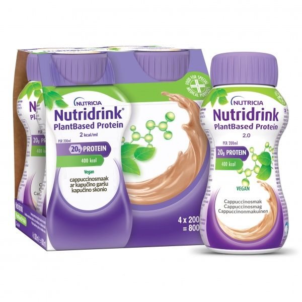 NUTRIDRINK gėrimas PLANTBASED 2 kcal/ml, kapučino skonio, x 200 ml, 4 vnt