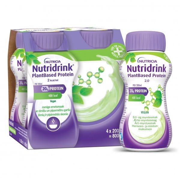 NUTRIDRINK gėrimas PLANTBASED 2 kcal/ml, žirnių ir pipirmėtės skonio, x 200 ml, 4 vnt