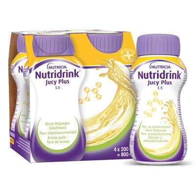 NUTRIDRINK JUCY PLUS, kriaušės ir šeivamedžio žiedų skonio, 4 vnt., 4 x 200 ml