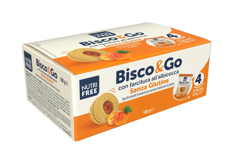 NUTRIFREE sausainiai su abrikosų skonio įdaru, be glitimo BISCO&GO CON FARCITURA ALL'ALBICOCCA, 160g, 4 x 40 g
