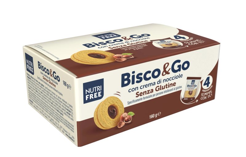 NUTRIFREE sausainiai su lazdynų riešutų skonio įdaru, be glitimo BISCO&GO CON CREMA DI NOCCIOLE, 160g, 4 x 40 g