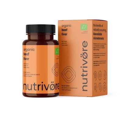 NUTRIVORE Ekologiškos jaučio KEPENĖLĖS (B12, A, Vario šaltinis) kapsulės, N180