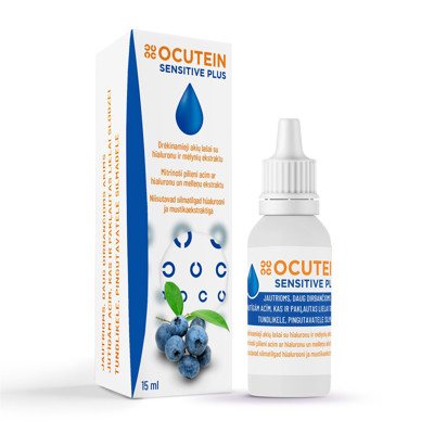 OCUTEIN SENSITIVE PLUS, drėkinamieji akių lašai su hialuronu ir mėlynių ekstraktu, 15 ml