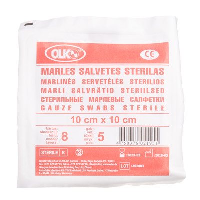 OLKO, marlinės sterilios servetėlės, 8 sluoksnių, 5 vnt., 10 x 10 cm