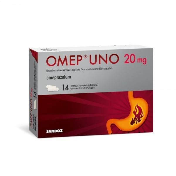 OMEP UNO 20 mg skrandyje neirios kietosios kapsulės N14