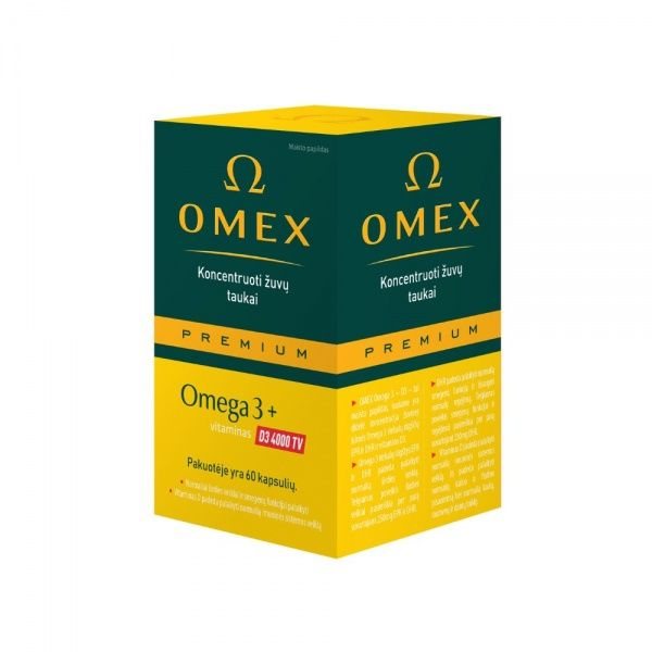 OMEX maisto papildas koncentruoti žuvų taukai PREMIUM OMEGA 3 + D3 4000TV, 60 kaps.