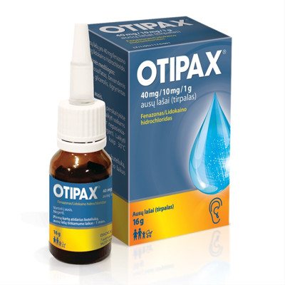 OTIPAX, 40 mg/10 mg/, ausų lašai (tirpalas), 15 ml, 1 g