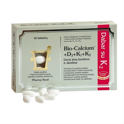 PHARMA NORD BIO-CALCIUM + D3 + K, 30 čiulpiamųjų tablečių