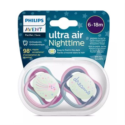 PHILIPS AVENT, silikoninis čiulptukas, 6-18mėn., Ultra Air, naktinis, SCF376/14, 2 vnt