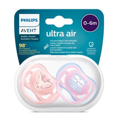 PHILIPS AVENT ULTRA AIR. silikoninis čiulptukas. dekoruotas. 0-6 mėn., SCF085/02, 2 vnt