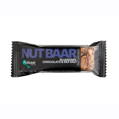 “PULSAAR Nutrition” NUT BAAR batonėlis su mėlynėmis, šokoladu, jūros druska ir riešutais, 40 g