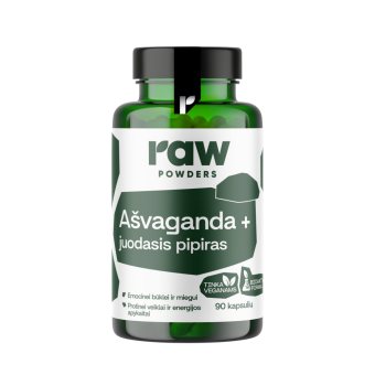 RAW POWDERS AŠVAGANDA SU JUODUOJU PIPIRU, 90 kapsulių