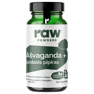 RAW POWDERS AŠVAGANDA, su juoduoju pipiru PLUS, 90 kapsulių