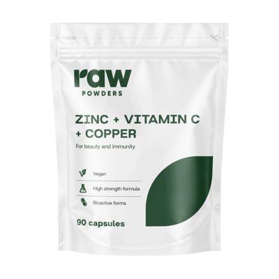 RAW POWDERS CINKAS + VITAMINAS C + VARIS, 90 kapsulių