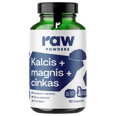RAW POWDERS Kalcis, magnis, cinkas PLUS, 90 kapsulių