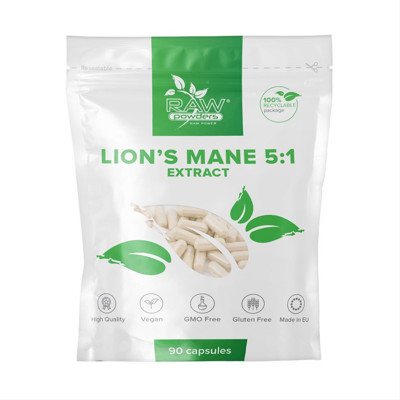 RAW POWDERS LION'S MANE 5:1 EKSTRAKTAS, 500 mg, 90 kapsulių